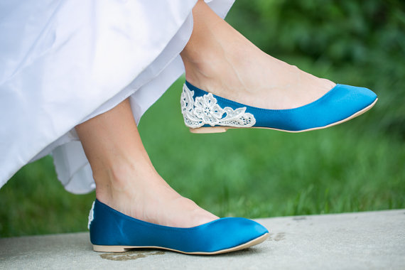 زفاف - Wedding Flats - Teal Blue Wedding Shoes/Ballet Flats, Teal Blue Flats with Ivory Lace. US Size 11