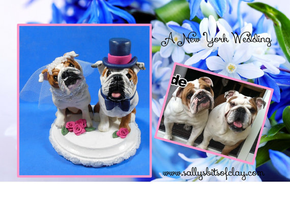 Hochzeit - Custom English Bulldog (or other breed) Wedding Cake Topper on 5 inch wooden base two Dogs OOAK Handsculpted by Sallys Bits of Clay