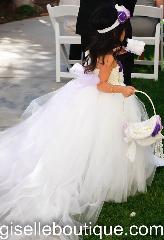 Hochzeit - Flower girl dress. Off White Flowers TuTu Dress with handmade flowers. Does not include Train or Bow.