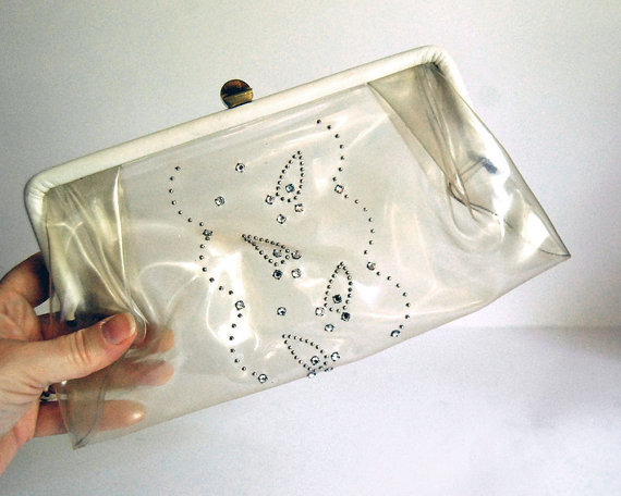Свадьба - Vintage Clear Plastic Clutch 1950s Purse Rhinestones Retro Evening Bag Transparent Wedding Accessories Formal Dance White Vinyl
