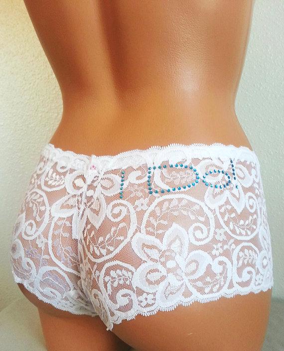 Hochzeit - Bridal panties: White Lace Cheeky Boyshort w/ I Do in Turquoise Blue - Personalized Bridal Panties