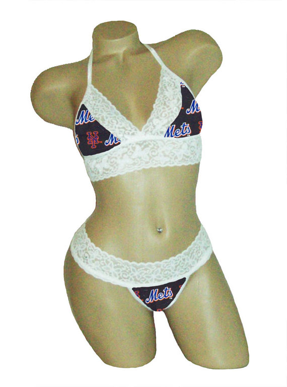 Hochzeit - Sexy New York Mets Lingerie White Lace Cami Bralette Top and Matching G-String Panty Thong CUSTOM Sizing