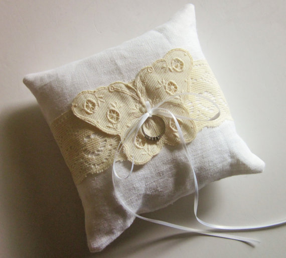 Hochzeit - Linen Ring Bearer Pillow in White, Handmade, Vintage Embellishments, 7" x 7" Square