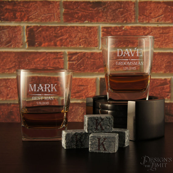 Hochzeit - Personalized Rocks Whiskey Lowball Tumbler with Groomsman Monogram Designs & OPTIONAL Four (4) Whiskey Stones or Engraved Whiskey Stones