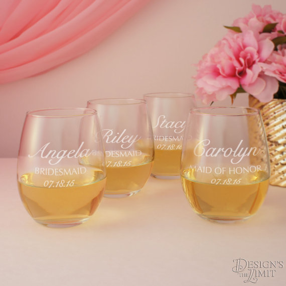 زفاف - Stemless Personalized Wine Glass with Engraved Bridal Party Monogram Design Options & Font Selection with Gift Wrap Option