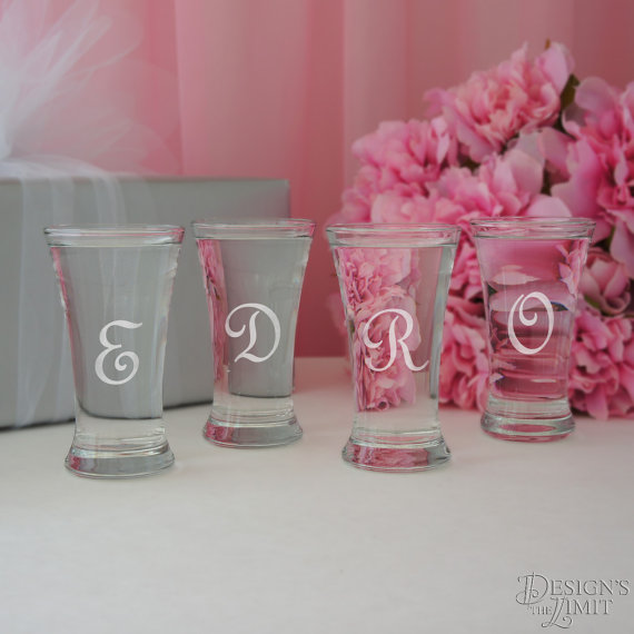 Hochzeit - The Curve - Bridal Party Personalized Shot Glass with Monogram Choice and Font Selection (2.5 oz. Engraved Shot Glass)