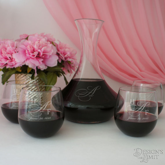 Hochzeit - Bride and Groom Deep Carved Wine Carafe with Font Selection & OPTIONAL Engraved Stemless Red Wine Glasses with Couple's Monogram Options