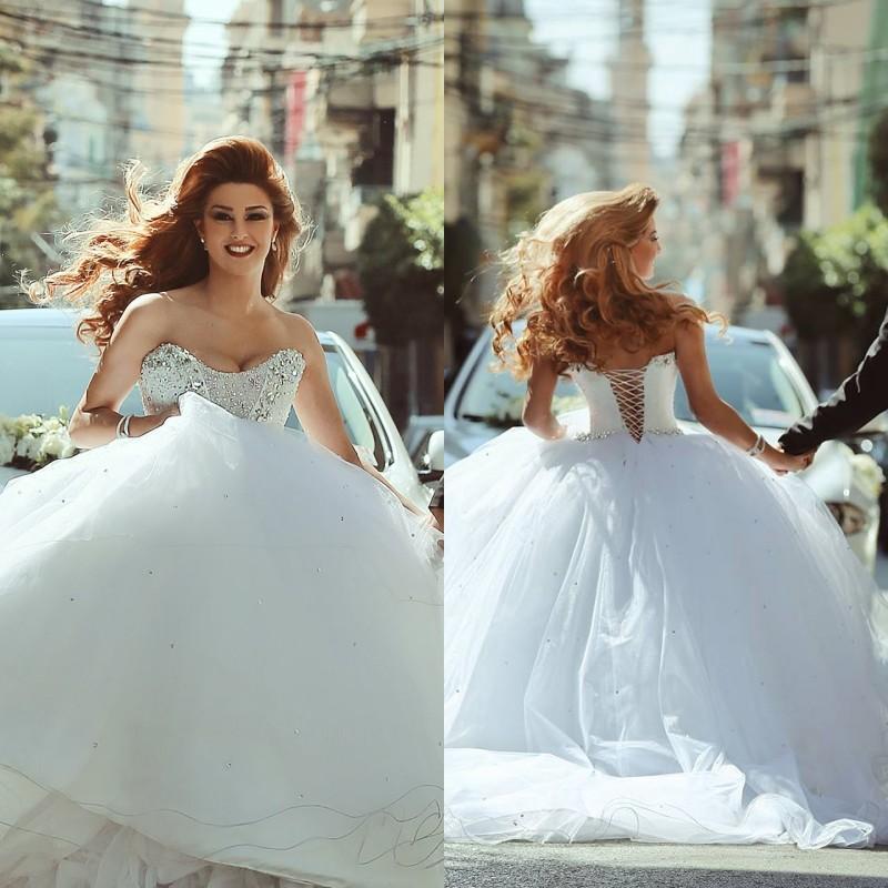 Mariage - 2015 Saudi Arabic Style Wedding Dresses Sweetheart Chapel Train Lace-up Back Bridal Ball Gowns with Crystals Beaded Vestido De Noiva Spring Online with $132.62/Piece on Hjklp88's Store 