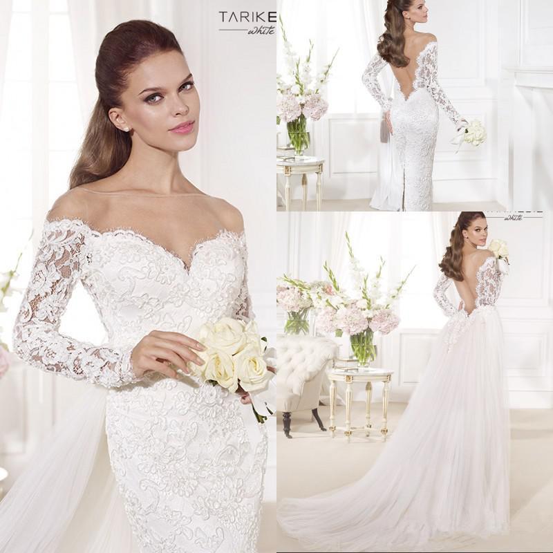Mariage - Gorgeous Tarik Ediz White Wedding Dresses 2015 Mermaid Detachable Sheer Illusion Open Back Sweep Length Long Sleevs Tulle Lace Bridal Gown Online with $140.63/Piece on Hjklp88's Store 