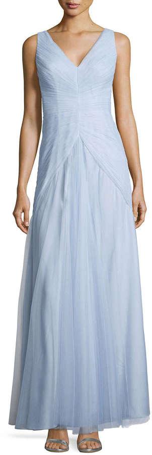 Hochzeit - Monique Lhuillier Bridesmaids Sleeveless V-Neck Ruched-Bodice Tulle Gown, Dust Blue