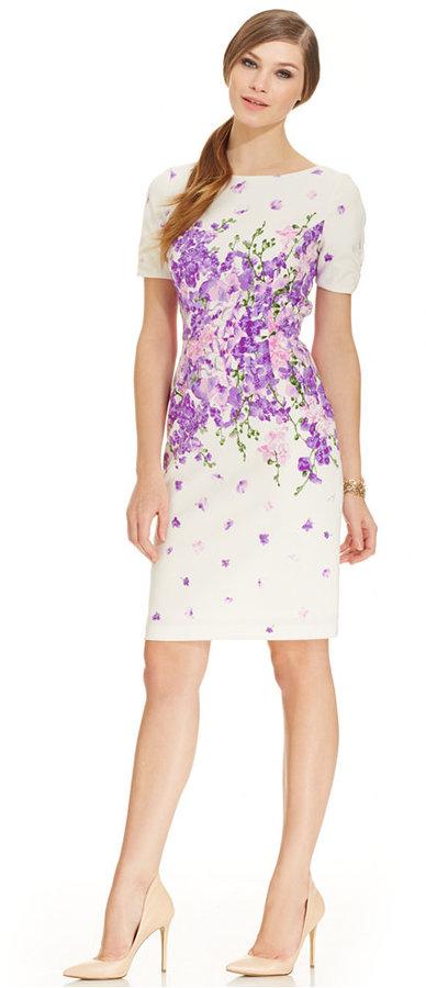 Wedding - Adrianna Papell Ruched-Sleeve Floral-Print Sheath
