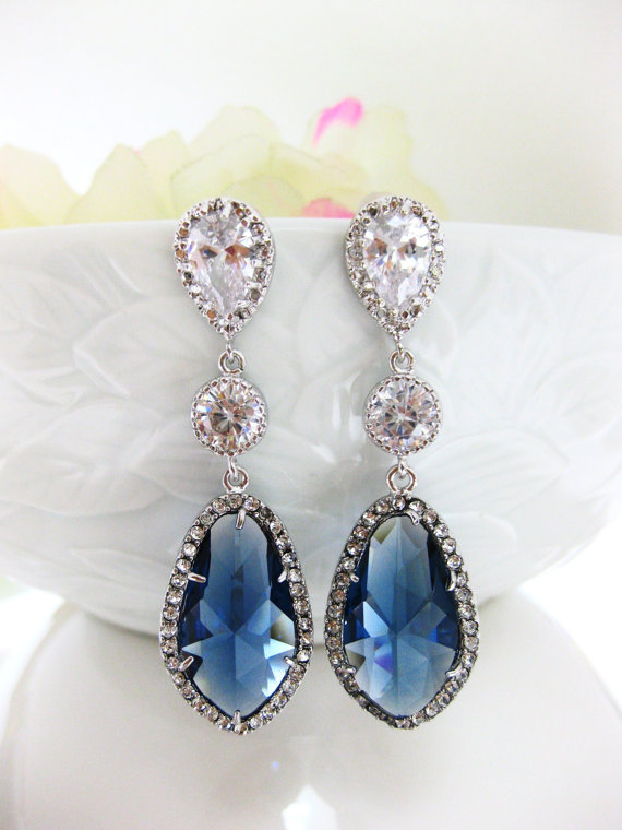 Mariage - Sapphire Blue Teardrop Earrings Bridal Earrings Wedding Jewelry Blue Earrings Cubic Zirconia Bridesmaids Gift (E044)