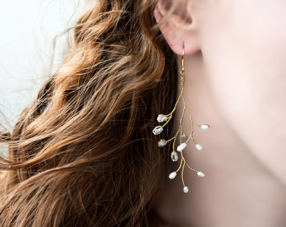 Hochzeit - Twig jewelry, Vine earrings, Pearl wedding earrings, Gold earrings wedding, Twigs earrings, Pearl earrings, Gold bridal earrings, Wedding