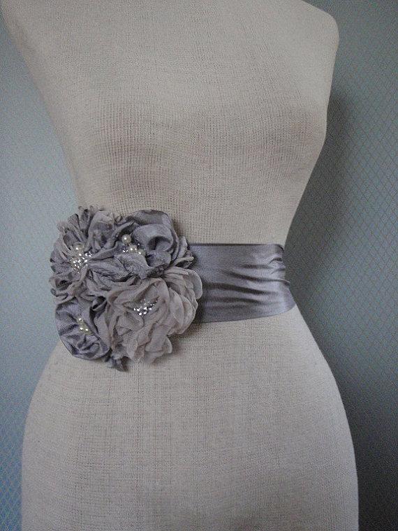 Hochzeit - Bridal Sash, belt, wedding sash  With Unique Design Flower grey color ready to ship free shipping
