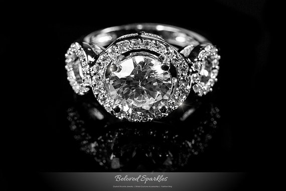 زفاف - 3 Carat Round Cut Halo Solitaire Engagement CZ Ring, 6.8 Carat Art Dec Statement Cubic Zirconia Wedding Anniversary Promise Diamond Ring