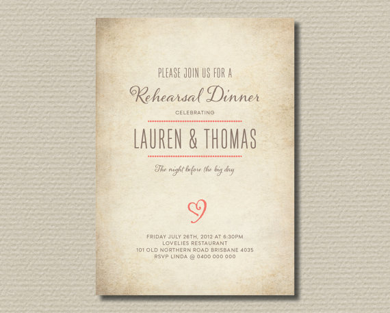 Hochzeit - Printable Wedding Rehearsal and Dinner Invitation - Rustic Heart - Brown and Coral (RD32)