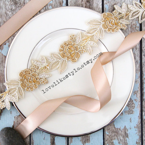 Hochzeit - Light Gold and Tan Embroidery Flower Lace Sash , Bridal Sash, Bridesmaid Sash, Flower Girl Sash, Gold Headband