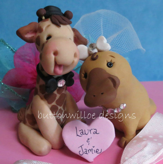 Wedding - Animal Wedding Cake Topper Giraffe and Platypus with personalized heart