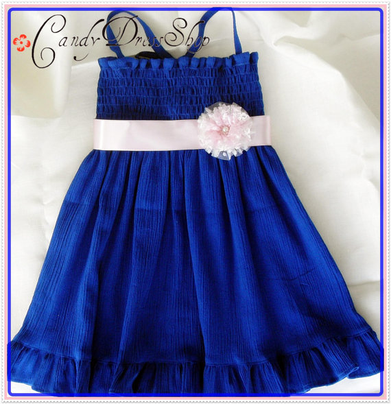 زفاف - Blue Natural cotton dress - Dark Blue Dress - for 4 years - Blue Flower girl dress - Party dress-Blue Frilly halter dress-READY TO SHIP