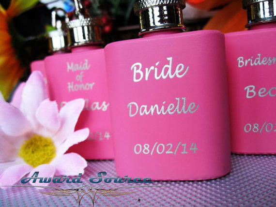 Hochzeit - Bridesmaid Gift - Personalized Custom Engraved 1 oz Key Chain Pink Stainless Steel Flask - Three Lines of Text Engraved
