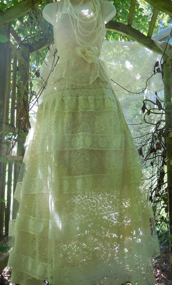 Wedding - Lace wedding dress ivory cream  tulle vintage victorian small medium  by vintage opulence on Etsy