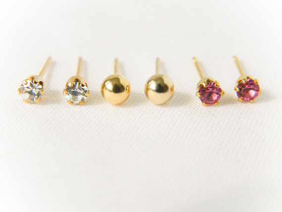 زفاف - Gemstone Studs and Gold Ball Earrings- Set of 3 // Clear Crystal, Pink Crystal, Gold Ball Post, Bridesmaid Earrings, Dainty, Tiny Earrings