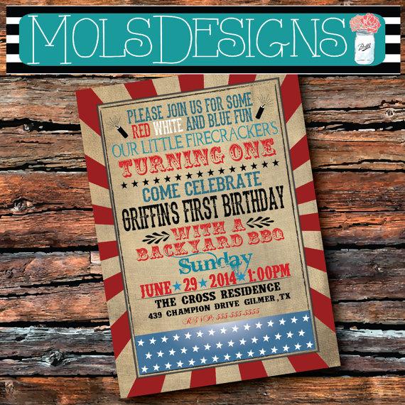 Mariage - FIRECRACKER JULY 4th of July Independence Memorial Party Vintage Bbq Red White Blue Stars Fireworks Wedding Brunch  Baby Shower Invitation