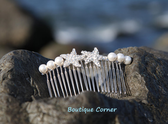 Hochzeit - Starfish Bridal Hair Accessories -  Bridal Hair Comb - Bridal Hair Accessory -  Starfish - Swarovski Pearls - Beach Wedding Hair Piece