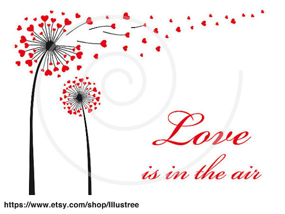 زفاف - dandelion flower with red hearts, love is in the air, digital clipart for wedding anniversary, wedding gift, gift for couples, download