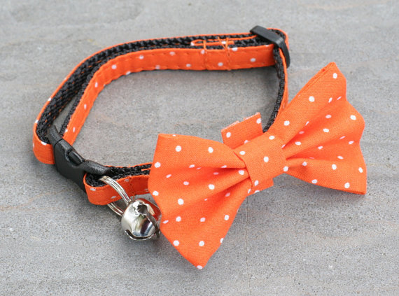 زفاف - Cat Collar with Bow Tie - Mini Fall Orange Polka Dot
