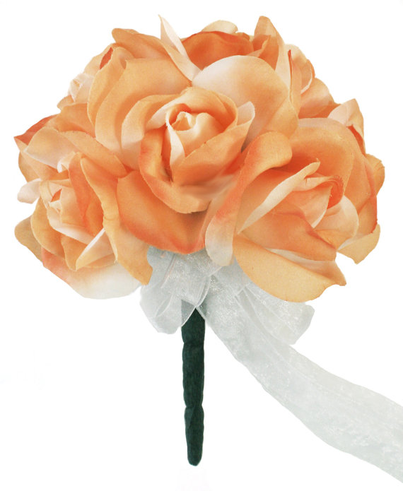 زفاف - Peach Silk Rose Toss Bouquet - 1 Dozen Silk Roses - Bridal Wedding Bouquet