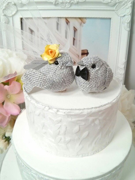 Hochzeit - SMALL  wonderful rustic burlap yellow and Grey bird wedding cake topper or wedding anniversary