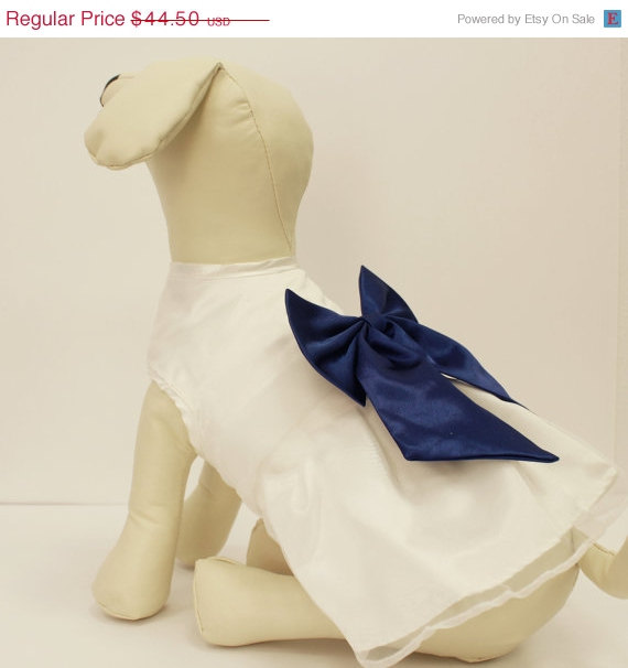 Hochzeit - White Dog Dress, Navy Bow, Dog Birthday gift, Pet wedding accessory, dog clothing, Chic, classy, Navy and White dress