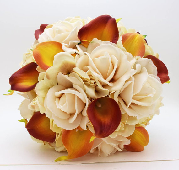 Свадьба - Reserved - Fall Wedding Real Touch Calla Lily Bridal Bouquet Groom Boutonniere Burnt Orange and Brown with Wrist Corsages - Burlap and Lace