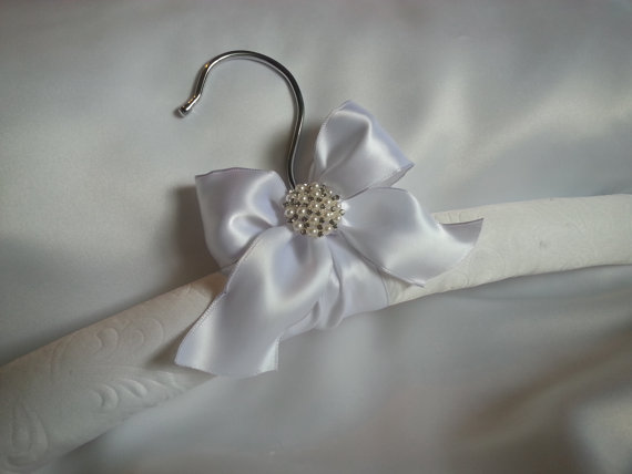 Свадьба - Embossed Scoll White Design Satin Wedding hanger with Pearls and Rhinestones Accent