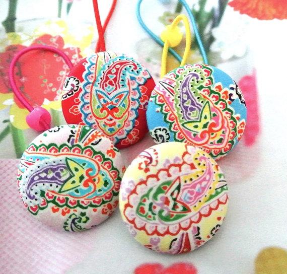 Wedding - Large Red Yellow Pink Blue Paisley Floral Flower Hair Ponytail Holder Ties, Girl Baby Hair Accessories