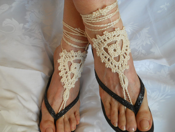 Mariage - CROCHET BAREFOOT SANDALS / Barefoot Sandles Shoes Beads Victorian Anklet Foot Women Wedding Sexy Accessories Bridal Elegant Feminine Chic 9