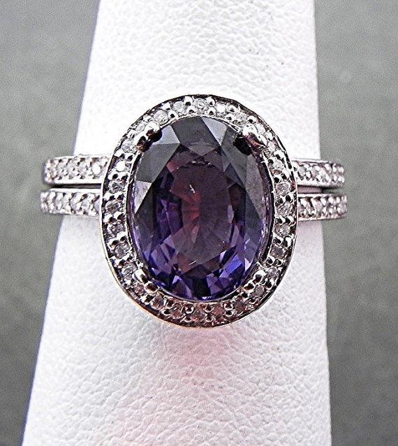 Hochzeit - AAA 2.71 Carat 10x8mm Natural Purple Spinel set in 14K White gold diamond bridal set(.50ct) 0964 B108