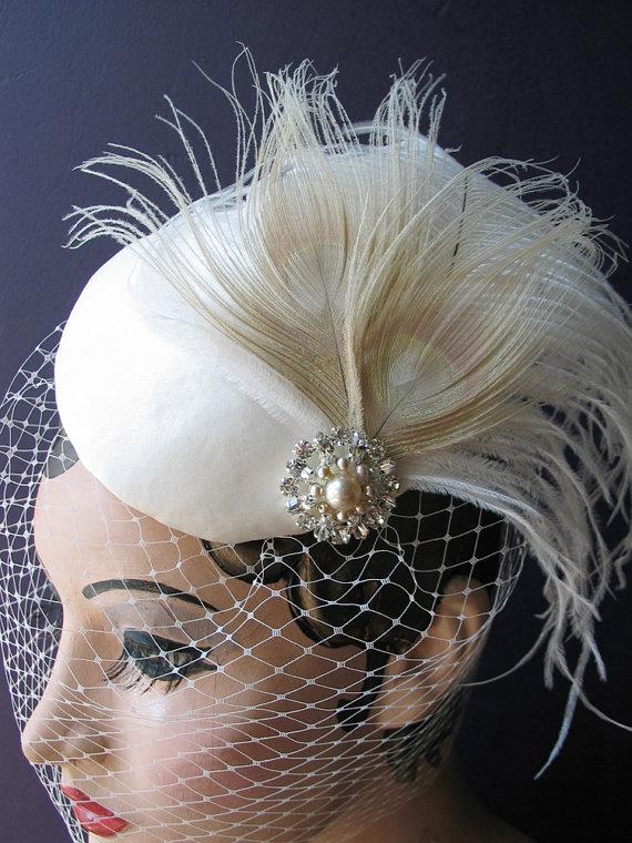 Hochzeit - Weddings, Ivory Birdcage Veil, Bridal Hat, White Peacock, Feather Fascinator, Pearl, Crystal Center - Batcakes Couture