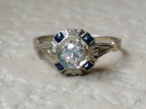 Mariage - Vintage Art Deco Diamond Sapphire 18K White Gold Engagement Estate Ring Filigree Size 4