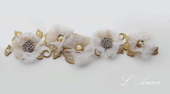 زفاف - Rustic Golden Lace Flower Wedding Sash Bridal Belt. Can also be used as a,hair accessory.