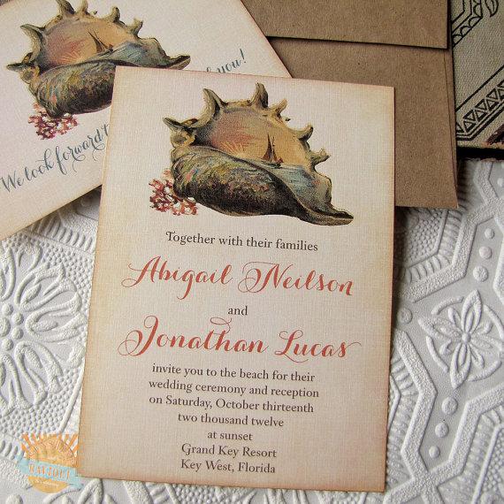 Mariage - Vintage Destination Wedding Invitation- Seashell and Sailboat