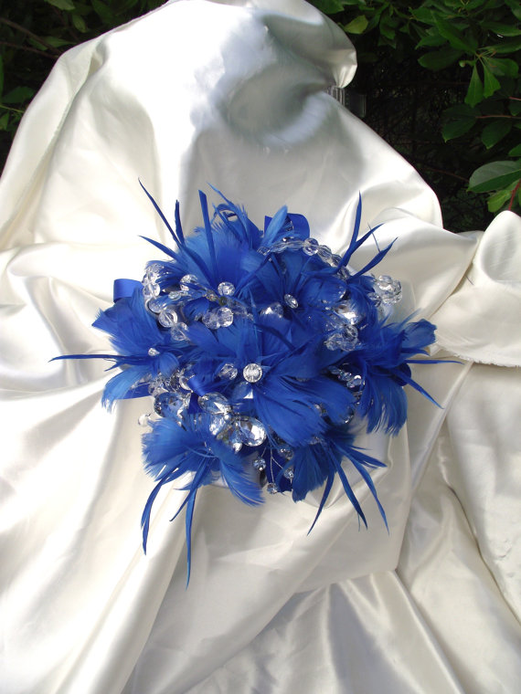 زفاف - Taylor Reserved listing for October wedding for royal blue feathers and rhinestone bouquet, alternative wedding bouquet, feather bouquet