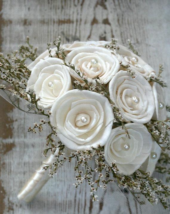 Wedding - Simple Soft White and Sola Rose Wedding Bouquet - Soft White Collection - Cream Tulle, Sola Wood Flowers, Flower, Alternative Bridal Bouquet