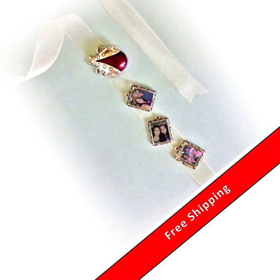 زفاف - DIY - Bouquet Charms - 3 Wedding Bouquet Memorial Silver Burgundy Red Ladybug Charms - FREE SHIPPING