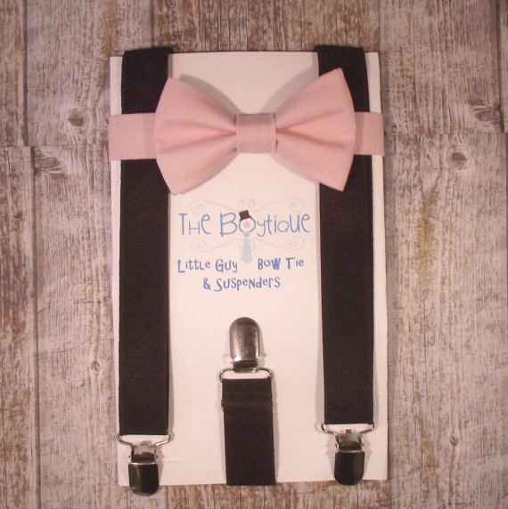 زفاف - Blush Bow Tie and Brown Suspenders, Toddler Suspenders, Baby Suspenders, Ring Bearer, Pale Pink, Soft Pink, Light Pink