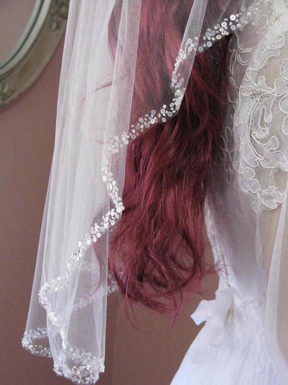Wedding - Beaded Veil One Tier Waist Length Tulle Veil Crystal  Wedding Veils  30 Inch Bridal Veils
