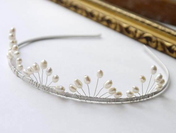 Hochzeit - pearl wedding tiara freshwater ivory rice pearl silver tiara alice band headband, fan band design, for bride
