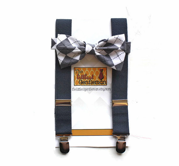 Mariage - boy bow tie suspenders set, charcoal dark grey bow tie suspenders set, baby boy suspenders, wedding bow tie suspenders set