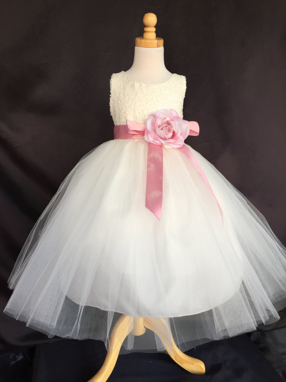 Mariage - Ivory Wedding Bridal Bridesmaids Sequence Tulle Flower Girl Dress Toddler 6 12 18 24 Months 2 4 6 8 10 12 14